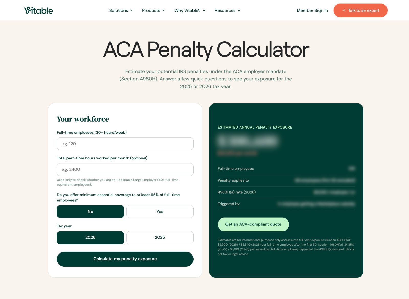 ACA Penalty Calculator page