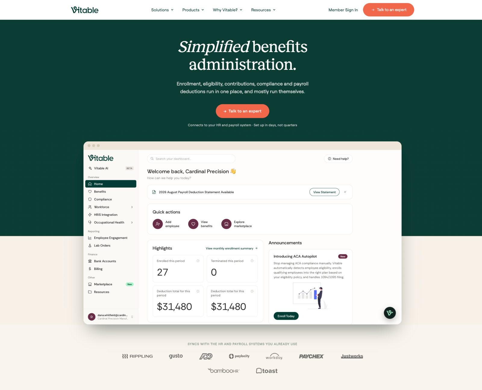 Vitable benefits administration page with embedded demo